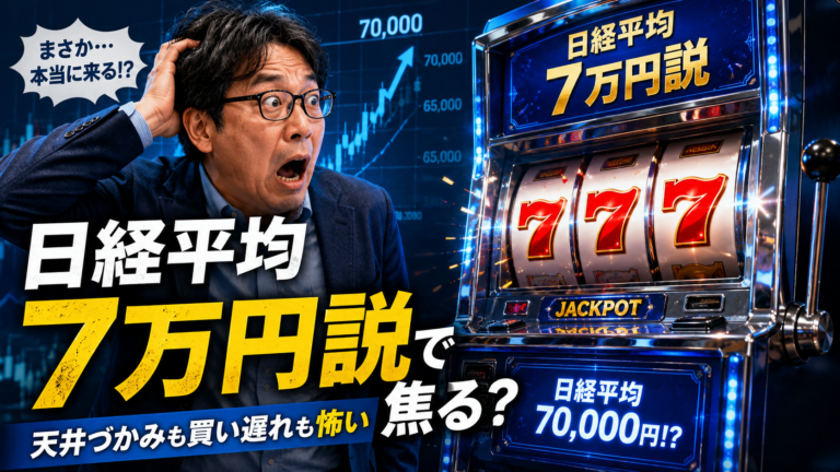 日経平均7万円説をイメージした巨大なスロットマシーンで、777のトリプルセブンがそろい、思わず驚くメガネおじさんを描いた実写風の青基調アイキャッチ画像。強気相場で天井づかみも買い遅れも怖くなる投資家心理をコミカルに表現している。