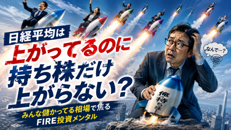 日経平均が上がり、周囲の投資家たちの持ち株ロケットが次々と急上昇していく中、自分の「持ち株」ロケットだけ勢いがなく、焦って困惑するメガネおじさんを描いた実写風の青基調アイキャッチ画像。みんな儲かっている相場で、自分の持ち株だけ上がらない不安とFIRE投資メンタルを表現している。