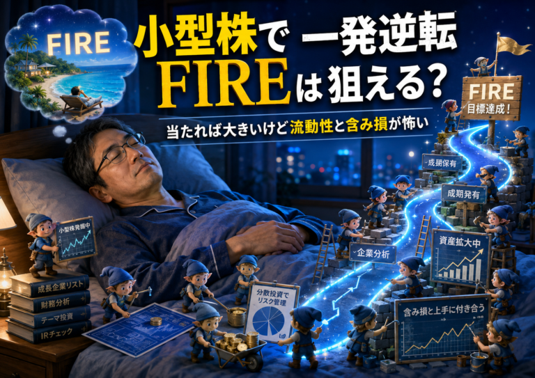 小型株の小人たちが、眠っているメガネおじさんのそばでFIRE達成に向けてせっせと働き、資産形成の道を作っている様子を描いた実写風の青基調アイキャッチ画像。小型株で一発逆転を狙いたい夢と、流動性や含み損への不安をコミカルに表現している。