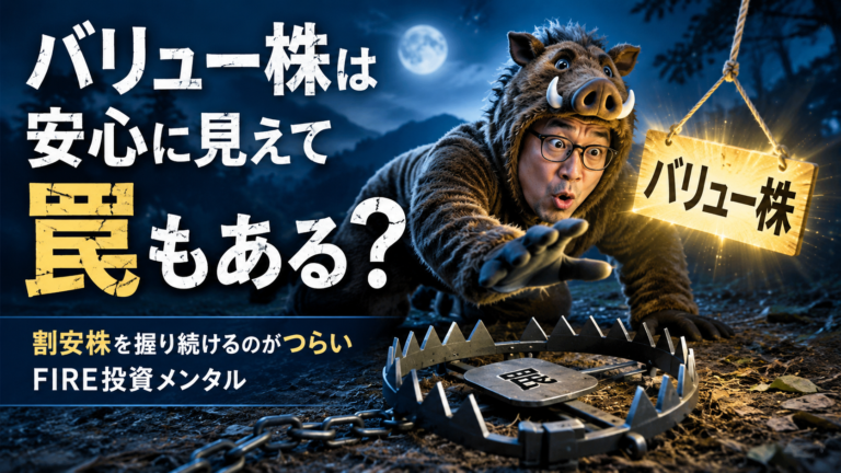 バリュー株という光る看板に引き寄せられ、獣罠にかかりそうになるイノシシの着ぐるみ姿のメガネおじさんを描いた、実写風の青基調アイキャッチ画像。割安で安心に見えるバリュー株にも罠があることと、割安株を握り続けるFIRE投資メンタルの難しさをコミカルに表現している。