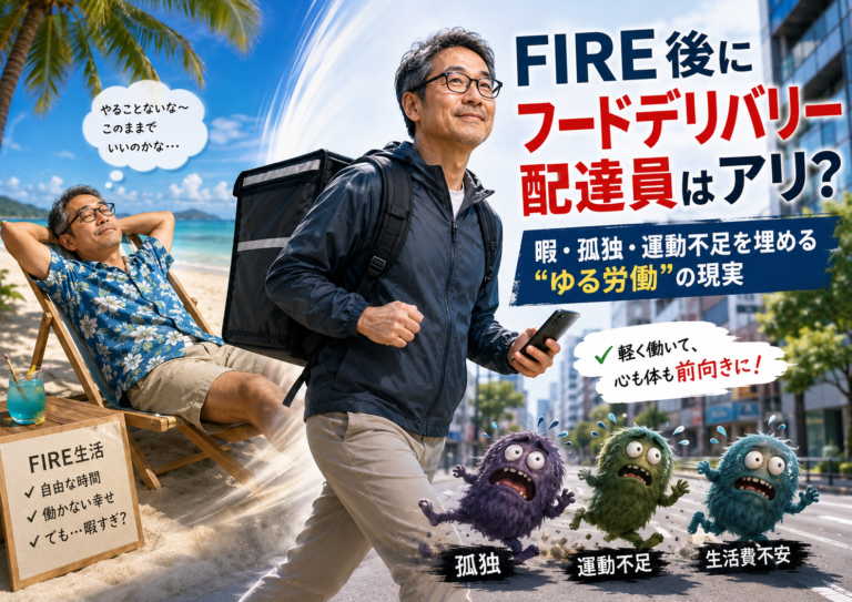 FIRE後のビーチ生活で暇を持て余すメガネおじさんが、フードデリバリー配達員として街へ出て、孤独・運動不足・生活費不安を表すモンスターを追い払っている実写風の青基調アイキャッチ画像。FIRE後の暇や孤独を埋める“ゆる労働”の現実を表現している。