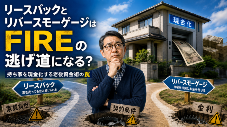 持ち家の前で、リースバックとリバースモーゲージという2つの選択肢を前に悩むメガネおじさんを描いた実写風の青基調アイキャッチ画像。家を現金化する一方で、家賃負担・金利・契約条件という落とし穴があることを表現している。