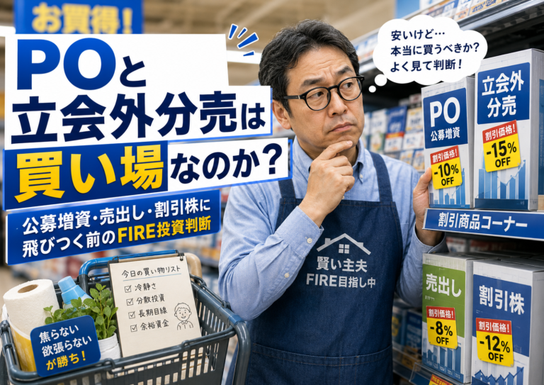 スーパーの割引商品コーナーで、POや立会外分売の割引シールが貼られた“株”商品を前に、飛びつかず慎重に吟味するエプロン姿のメガネおじさんを描いた実写風の青基調アイキャッチ画像。割引価格に惑わされず、公募増資・売出し・立会外分売の中身を見極めるFIRE投資判断を表現している。
