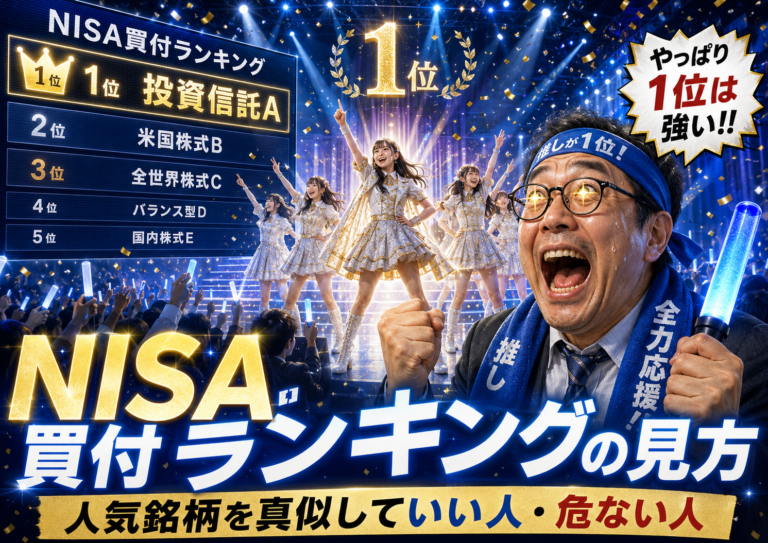 新NISAの買付ランキング発表を、アイドル総選挙のような熱狂で表現した実写風の青基調アイキャッチ画像。ステージ上で1位の銘柄が大物アイドルグループのように華やかに登場し、ランキングボードには新NISAの人気買付銘柄が並ぶ。会場では、メガネおじさんが大ファンとしてペンライトを振りながら熱狂しており、NISA買付ランキングに振り回されやすい投資家心理を表している。