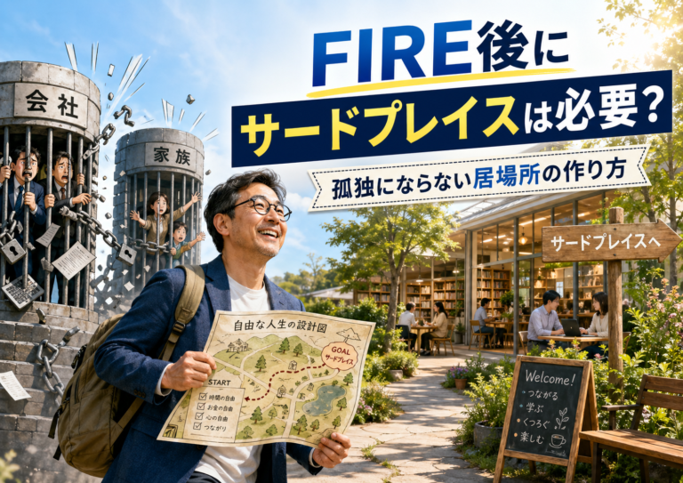 会社と家族という閉じた世界から抜け出し、事前に用意した地図を手にサードプレイスという新しい居場所へ向かうメガネおじさんを描いた実写風アイキャッチ。FIRE後に孤独にならない居場所づくりを表現したビジュアル。
