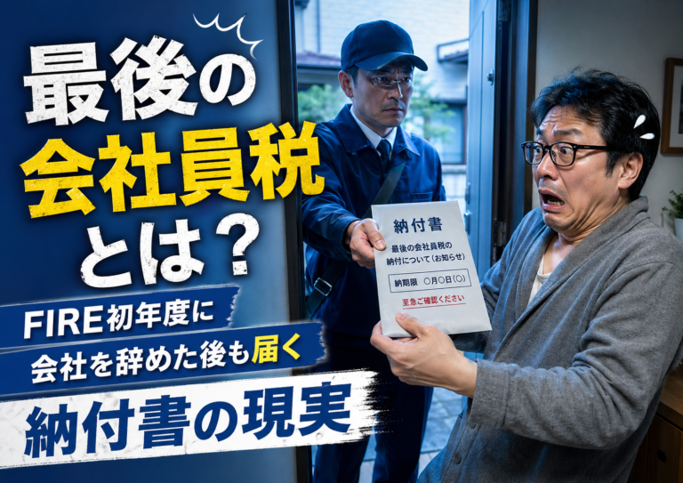 強面の郵便局員から届けられた“最後の会社員税”の納付書を受け取り、玄関先で恐れおののくメガネおじさんを描いた実写風の青基調アイキャッチ画像。FIRE初年度に会社を辞めた後も届く納付書の現実を表現している。