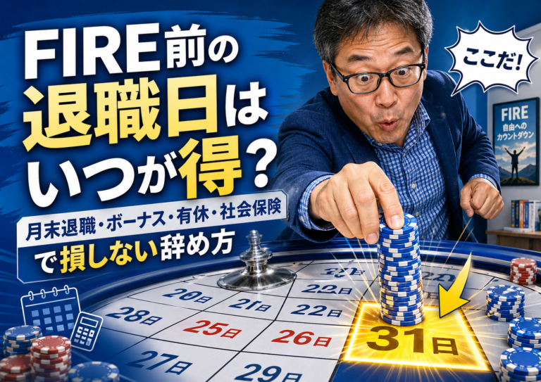 カレンダールーレットの退職日候補に向かって、メガネおじさんが「この日だ」と決めた31日に全ベットする様子を描いた実写風の青基調アイキャッチ画像。FIRE前の退職日を、月末退職・ボーナス・有休・社会保険の損得を見ながら戦略的に決めるイメージ