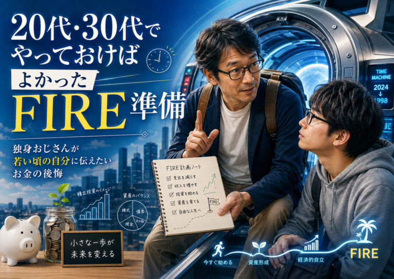40代のメガネおじさんがタイムマシンで若い頃の自分に会いに行き、FIRE準備の大切さを伝えている実写風の青基調アイキャッチ画像。FIRE計画ノートや貯金箱、積立投資のグラフ、資産形成ロードマップが描かれ、20代・30代で少額投資・固定費見直し・生活防衛資金づくりを始めておく重要性を表現している。