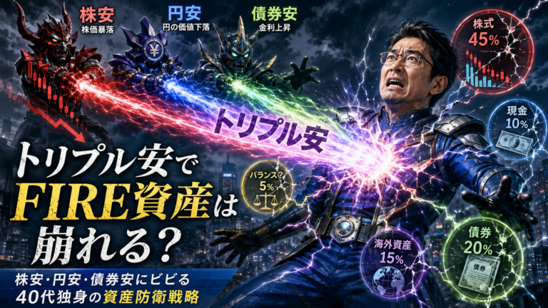 株安・円安・債券安を擬人化した3体の怪人が「トリプル安」光線を放ち、戦隊ヒーロー風のメガネおじさんが直撃を受けている実写風の青基調アイキャッチ画像。おじさんの周囲には株式・現金・債券・海外資産などの資産配分が浮かび上がり、弱点を突かれて動揺する様子が描かれている。トリプル安でFIRE資産が揺らぐ不安と、資産防衛戦略の必要性を表現している。