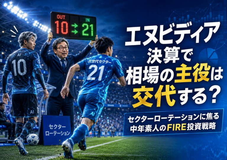 サッカースタジアムで、メガネおじさん監督が交代ボードを掲げ、背番号10の「AI」選手を下げて、背番号21の「次世代セクター」選手を投入する実写風の青基調アイキャッチ画像。エヌビディア決算をきっかけに、相場の主役が交代するのではないかという不安と、セクターローテーションに焦る中年素人のFIRE投資戦略を、サッカーの選手交代になぞらえて表現している。