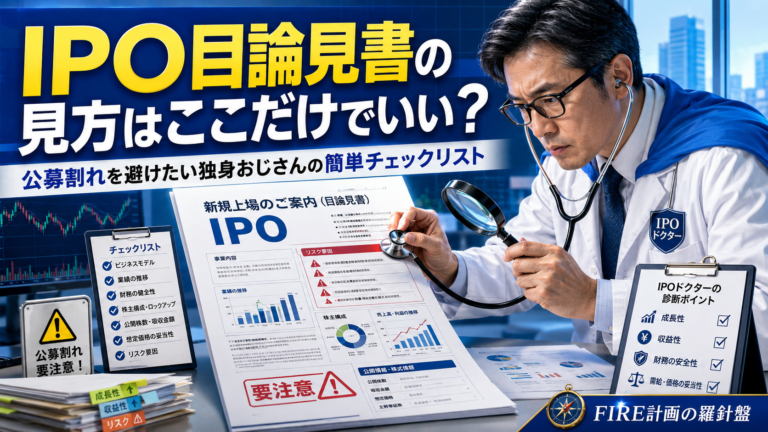 IPO目論見書を診察するスーパードクター風のメガネおじさんが、聴診器と虫眼鏡を使って書類を細かくチェックしている実写風の青基調アイキャッチ画像。机の上にはIPOの目論見書、チェックリスト、業績グラフ、リスク要因、公募割れ注意の表示などが並び、IPO申し込み前に最低限確認すべきポイントを分かりやすく表現している。