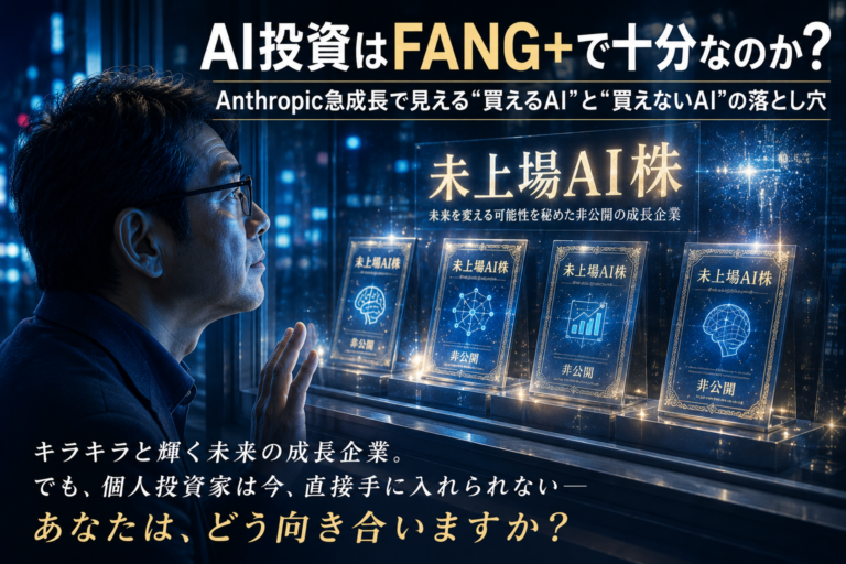 近未来的な青基調のショーウィンドウに、「未上場AI株」として象徴化された複数の投資チケットや株券がキラキラと飾られており、それをメガネおじさんが憧れのまなざしで眺めている実写風アイキャッチ画像。ショーウィンドウ内の銘柄には具体的な会社名やロゴは使わず、個人投資家が直接買いにくい未上場AI企業への投資機会と、FANG+などで買えるAI投資との違いを表現している。