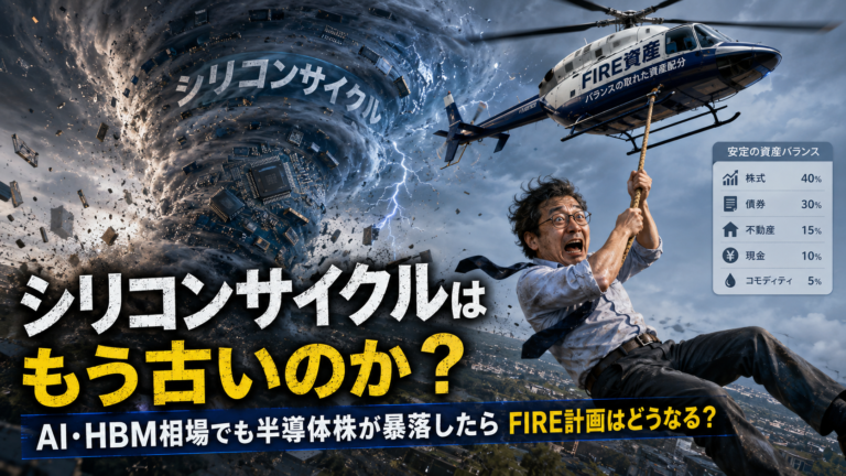 シリコンサイクルという巨大な竜巻に巻き込まれそうになりながらも、資産配分の取れたFIRE資産を象徴するヘリコプターから垂れ下がるロープにつかまって難を逃れるメガネおじさんを描いた、実写風・青基調のアイキャッチ画像。AI・HBM相場でも半導体株が暴落した場合の不安と、分散された資産配分の大切さを視覚的に表現している。