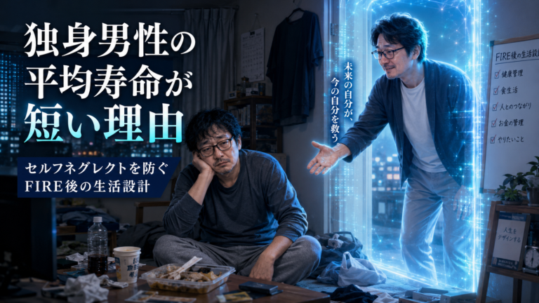 ワンルームで無気力に座り込み自分を放置しているメガネおじさんの前に、未来から来たもう一人のメガネおじさんが手を差し伸べる、青基調のSF風アイキャッチ