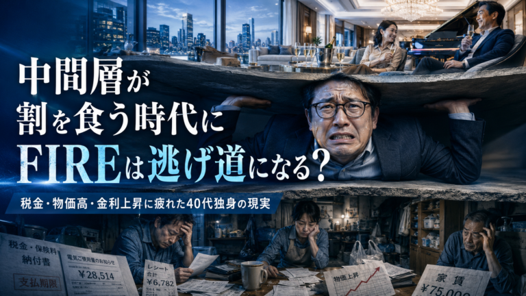 富裕層の豪華な生活が天井のようにのしかかり、生活に困る層が床を押し上げるなか、板挟みになって苦しむメガネおじさんを描いた、青基調の実写風アイキャッチ