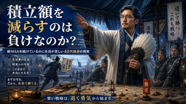 三国志の天才軍師のようなメガネおじさんが、戦場の本陣で軍勢に向けて撤退の指示を出し、積立額を減らす戦略的判断を全軍に伝えている、青基調の実写風アイキャッチ
