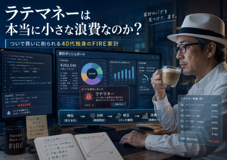 家計プログラムの画面に潜む「ラテマネー」のバグを見つけ、カフェラテを片手に分析・修正していくホワイトハッカー風のメガネおじさんを描いた、青基調の実写風アイキャッチ