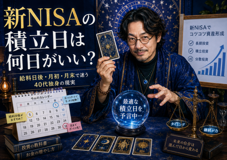 星や占術モチーフに囲まれた青基調の空間で、当たると評判の占い師風メガネおじさんがカードと水晶玉を使い、新NISAの最適な積立日を占っている実写風アイキャッチ