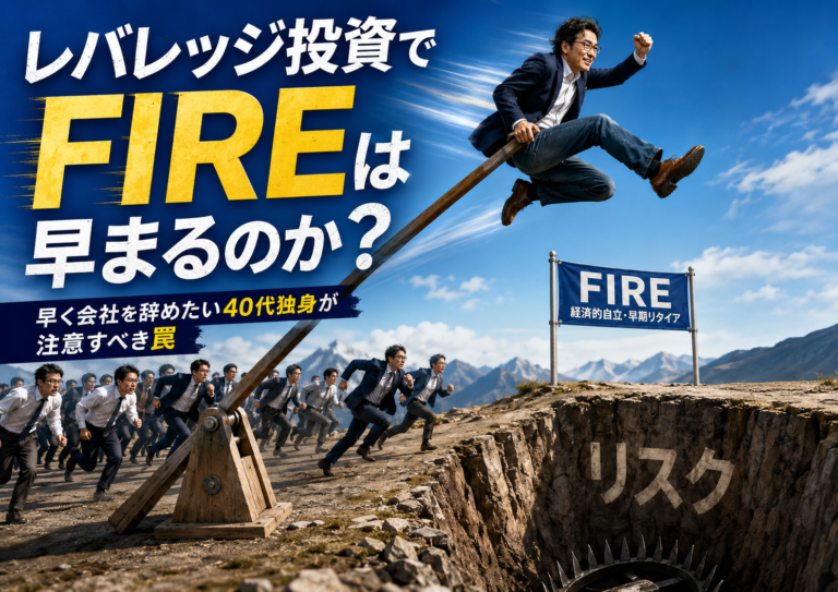 てこの原理で大きく跳び上がったメガネおじさんが、FIREを目指して走る人たちを一気に飛び越える一方、その進路の先には「リスク」と書かれた大きな落とし穴が待ち受けている様子を描いた、青基調の実写風アイキャッチ