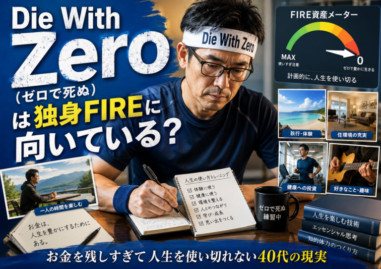「Die With Zero」と書かれた鉢巻を巻いたメガネおじさんが、青基調の空間でノートに向かってお金の使い方を鍛錬しながら、FIRE資産メーターをゼロに近づけることを目指している実写風アイキャッチ