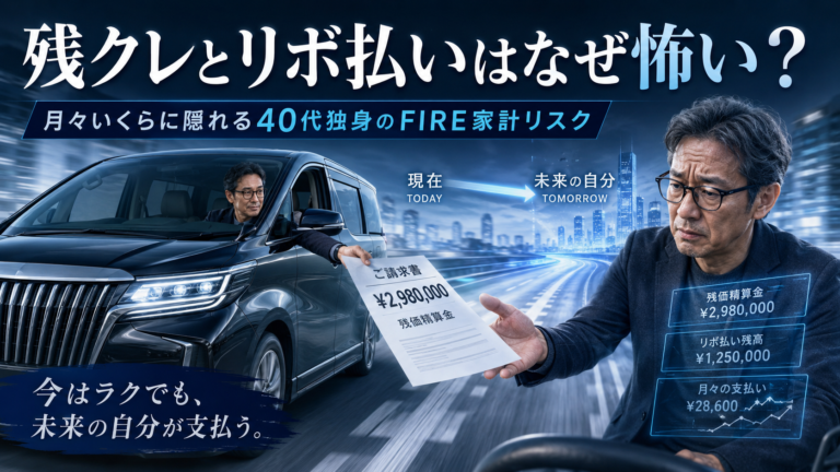 残クレで購入した高級ミニバンに乗るメガネおじさんが、未来の自分に高額な請求書を差し出し、月々の支払いに隠れた残クレとリボ払いの家計リスクを表現した青基調の実写風アイキャッチ
