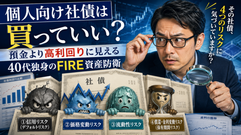 個人向け社債の資料の前で、虫眼鏡を持ったメガネおじさんが、社債の裏に潜む4つのリスクを見抜こうとしている青基調の実写風アイキャッチ。信用リスク、価格変動リスク、流動性リスク、償還・金利変動リスクがキャラクター風に描かれている