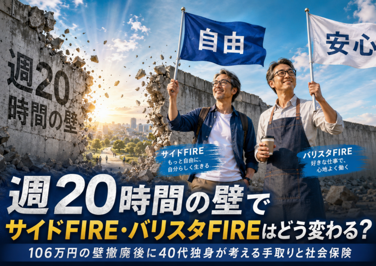 「週20時間の壁」と書かれた巨大な壁が崩れ落ちる前で、サイドFIREを象徴するメガネおじさんと、バリスタFIREを象徴するメガネおじさんが、自由と安心の旗を掲げている青基調の実写風アイキャッチ