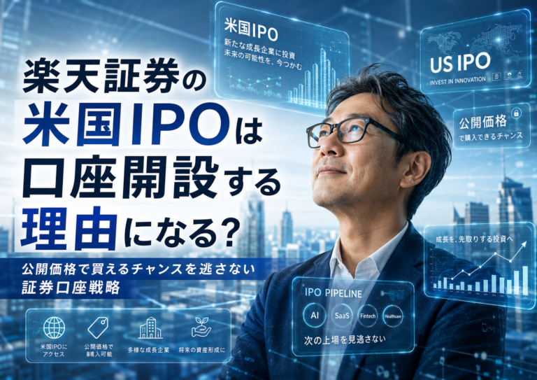 楽天証券の米国IPOという新しい投資機会に期待し、未来の成長企業への投資チャンスを思い描くメガネおじさんを描いた、青基調の実写風アイキャッチ画像