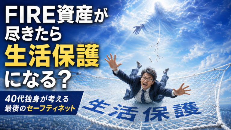 FIREの神様から垂らされた蜘蛛の糸が途中で切れ、落下したメガネおじさんが「生活保護」と書かれたセーフティネットに救われる様子を描いた、青基調の実写風アイキャッチ画像