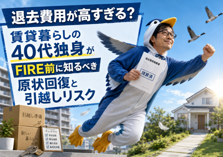 渡り鳥の着ぐるみを着たメガネおじさんが、退去費用を適正に精算したうえで、新しい住まいへ向かって飛び立っていく様子を描いた、青基調の実写風アイキャッチ画像