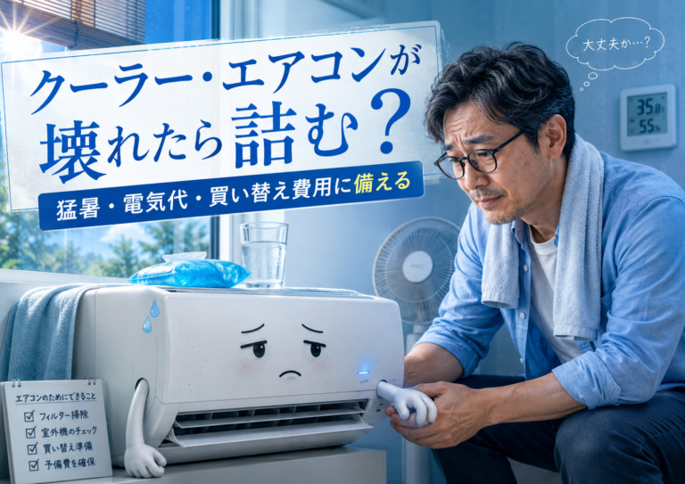 調子の悪いキャラクター化したクーラー・エアコンを心配しながら、手を握って看病するメガネおじさんの様子を描いた、青基調の実写風アイキャッチ画像
