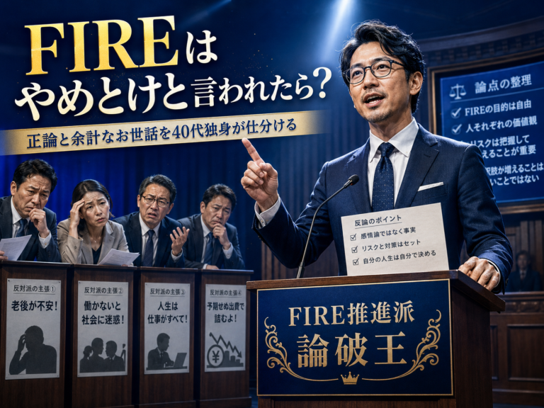 FIREはやめとけ派との弁論合戦で、FIRE推進派の論破王としてメガネおじさんが正論と余計なお世話を仕分けながら反論する様子を描いた、青基調の実写風アイキャッチ画像
