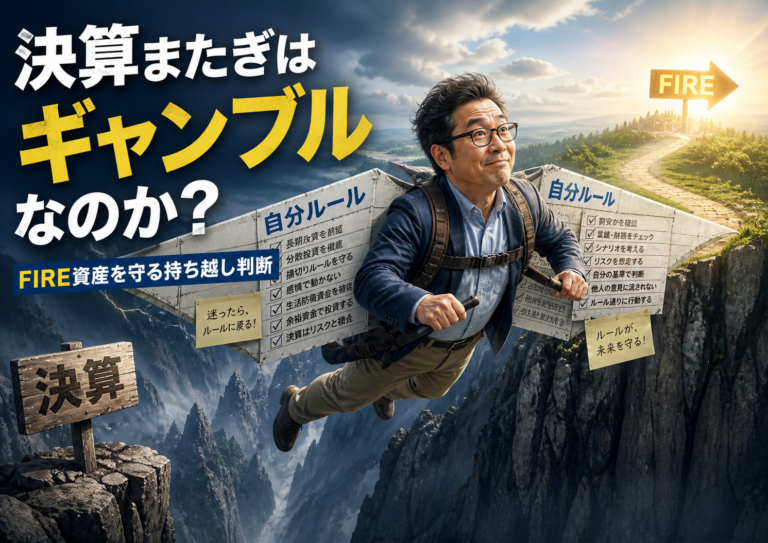 決算という深い谷を、自分ルールと書かれた翼で安全に飛び越え、FIREという目的地へ向かうメガネおじさんを描いた実写風の青基調アイキャッチ画像。決算またぎのリスクと、FIRE資産を守る持ち越し判断を表現している。
