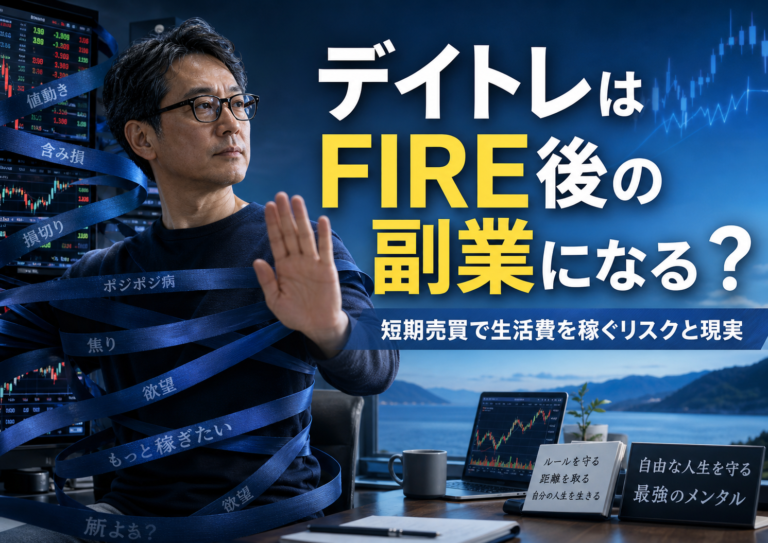デイトレの値動きや含み損、焦りに縛られそうになりながらも、強いメンタルと自分ルールで相場と適切な距離を取るメガネおじさんを描いた実写風の青基調アイキャッチ画像。FIRE後の副業として短期売買で生活費を稼ぐリスクと現実を表現している。