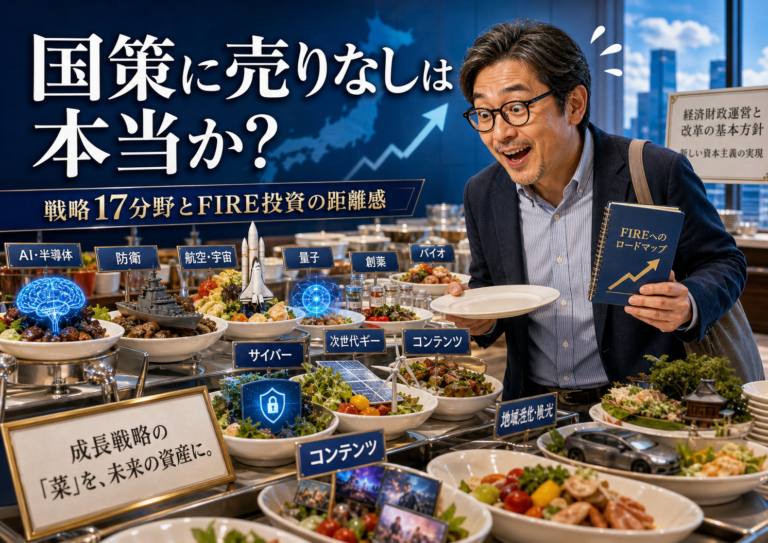 戦略17分野を料理に見立てた国策ビュッフェを前に、AI・半導体、防衛、航空・宇宙、量子、創薬、バイオなどのテーマに目移りし、全部取りたくなっているメガネおじさんを描いた実写風の青基調アイキャッチ画像。国策テーマ株とFIRE投資の距離感を表現している。
