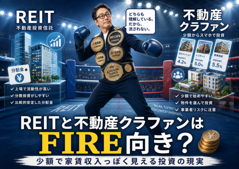 REITと不動産クラファンを相手に、リング上でアウトボクシングのように冷静に距離を取りながら、少額で家賃収入っぽく見える投資のリスクを見極めるメガネおじさんを描いた実写風の青基調アイキャッチ画像。FIRE後の分配金生活に向く投資かどうかを考える記事のイメージ。