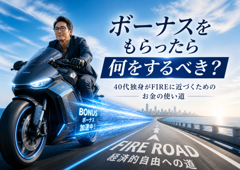 ボーナスをスーパーブースターにして近未来の二輪バイクでFIREロードを滑走し、経済的自由へ向かって加速するメガネおじさんを描いた実写風の青基調アイキャッチ画像。40代独身がボーナスをFIREに近づくためのお金の使い道として活用するイメージ。