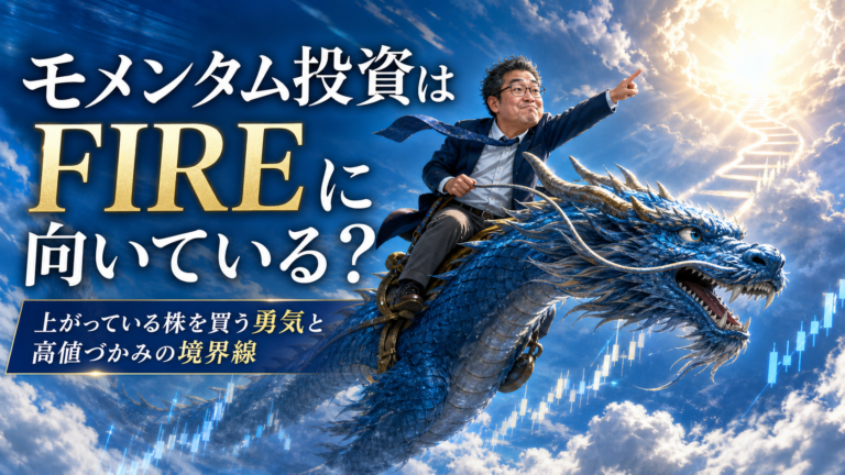 モメンタム投資という昇り龍にまたがり、青空の中を上昇しながらFIREという天空を目指して進んでいくメガネおじさんを描いた実写風の青基調アイキャッチ画像。上がっている株を買う勇気と高値づかみの境界線を表現している。