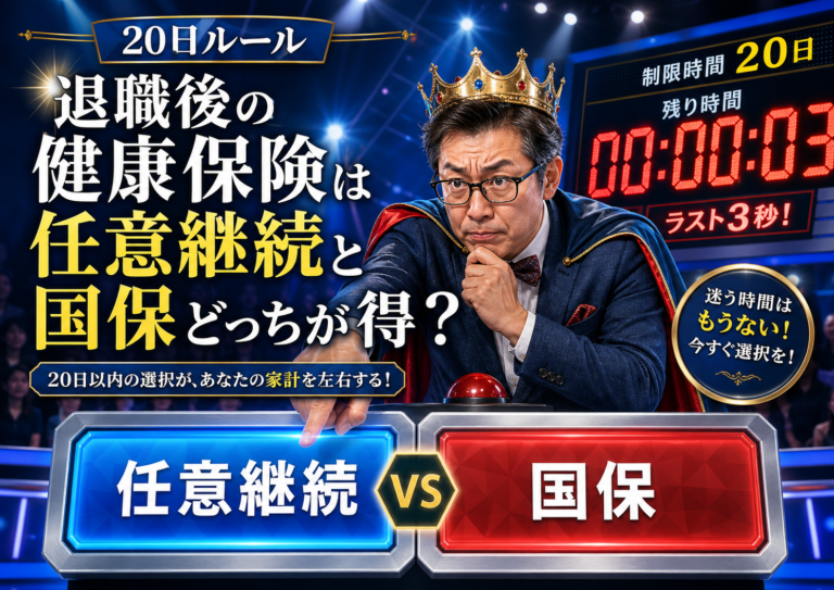 退職後の健康保険について、20日間のタイムリミット寸前に任意継続と国保の二択から答えを出そうとする、クイズ王風のメガネおじさんを描いた実写風の青基調アイキャッチ画像。退職後の健康保険は任意継続と国保どっちが得かを、期限と保険料の現実とともに考える記事のイメージ。