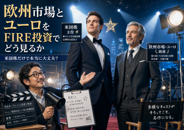米国株を映画の主役、欧州市場・ユーロをいぶし銀の助演俳優に見立て、それぞれの役割を評価する映画監督のメガネおじさんを描いた実写風の青基調アイキャッチ画像。FIRE投資における米国株集中と欧州分散のバランスを表現している。