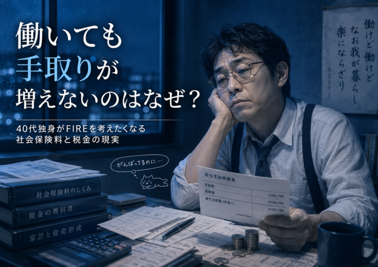 夜の部屋で給与明細を手に、石川啄木の「はたらけどはたらけど猶わが生活楽にならざり」を思わせるように物憂げな表情を浮かべるメガネおじさんを描いた、実写風の青基調アイキャッチ画像。働いても手取りが増えにくい40代独身会社員の悲哀と、社会保険料・税金の重さを表現している。