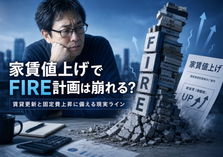 家賃値上げの通知によって、コツコツ積み上げてきたFIRE計画のタワーが足元からじわじわ崩れていく様子を前に、頭を抱えて不安そうに見つめるメガネおじさんを描いた、実写風の青基調アイキャッチ画像。賃貸更新や固定費上昇がFIRE計画に与える打撃を表現している。
