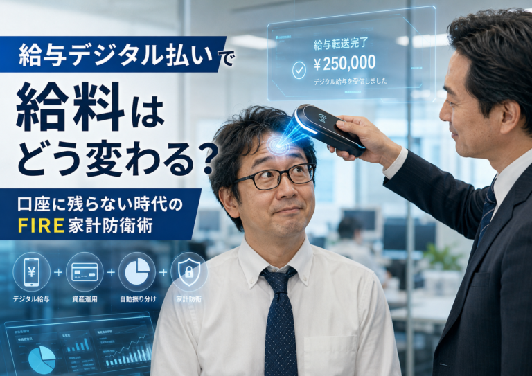 近未来のオフィスで、上司が端末をメガネおじさんのおでこにタッチし、デジタル給与が直接振り込まれる様子を描いた実写風の青基調アイキャッチ画像。給与デジタル払いで給料の受け取り方が変わる時代に、FIREを目指す40代独身が家計管理や生活防衛資金をどう守るかを表現している。