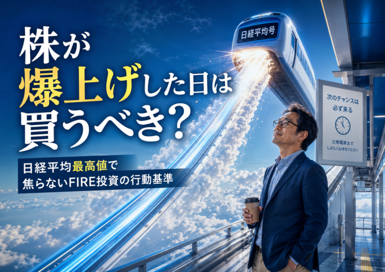 天空へ向かって爆速で駆け上がる「日経平均号」の列車をホームから見上げながら、乗り遅れても慌てず次のチャンスを待つメガネおじさんを描いた、実写風の青基調アイキャッチ画像。爆上げ相場で置いていかれたように感じても、焦らず自分の投資ルールを守るFIRE投資の姿勢を表現している。