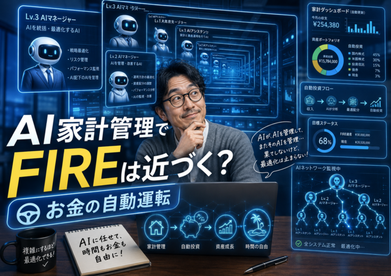 青基調の近未来空間で、メガネおじさんが複数のAIにお金の自動運転を任せつつ、そのAIをさらに別のAIが管理し、またそのAIを別のAIが管理するという無限構造を見守っている実写風アイキャッチ画像。AI家計管理、自動積立、放置投資を活用しながら、FIREを目指す家計の仕組み化を表現している。