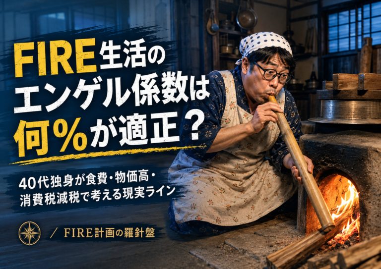 古き良き日本家屋の台所で、かっぽう着姿のメガネおじさんが竹筒でかまどの火に空気を送り、ご飯を炊こうとしている実写風アイキャッチ。FIRE生活におけるエンゲル係数、食費、物価高、消費税減税の現実ラインを考える記事を表現。