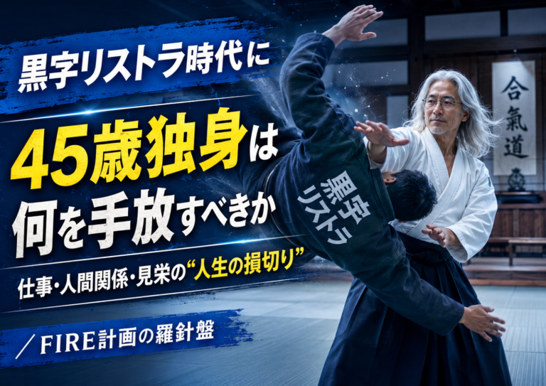 青基調の道場で、黒字リストラを象徴する黒帯の柔道家を、白髪長髪のメガネおじさんが合気道で軽やかに投げ飛ばしている実写風アイキャッチ。45歳独身が仕事・人間関係・見栄を手放し、黒字リストラ時代を生き抜く判断軸を考える記事を表現。
