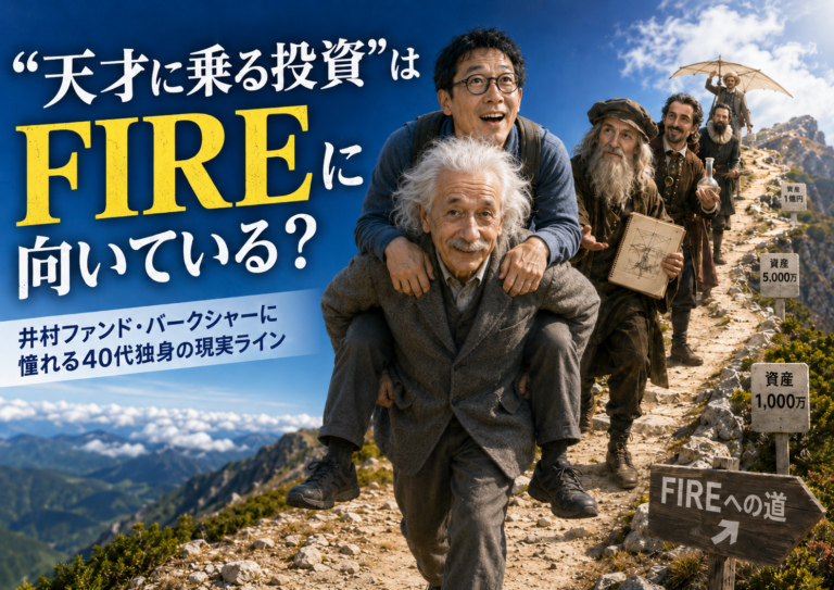 FIREへの山道を、アインシュタイン風の天才におんぶされながら登るメガネおじさんと、その先でダビンチ風などの天才たちが順番に待ち受けている実写風アイキャッチ。井村ファンドやバークシャーに憧れる40代独身が、“天才に乗る投資”とFIRE資産の現実ラインを考える記事を表現。