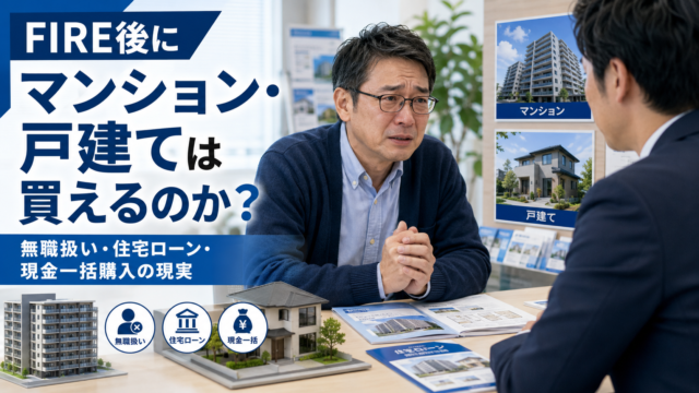 不動産会社の相談ブースで、FIRE後のメガネおじさんが不安そうな表情で担当者に向かい、マンションや戸建ての購入について真剣に相談している実写風アイキャッチ。青基調のデザインで、無職扱い・住宅ローン・現金一括購入といったFIRE後の住まいの悩みを象徴的に表現している。