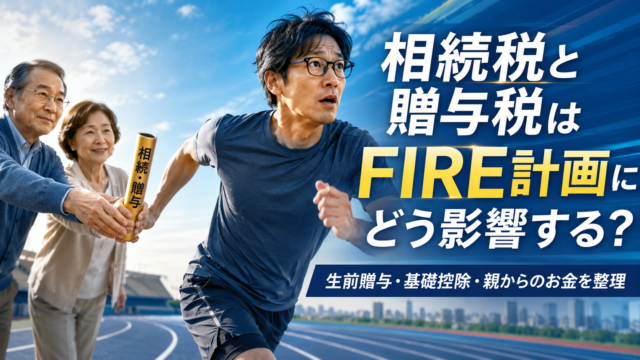 青空の陸上トラックで、両親から「相続・贈与」と書かれたバトンを受け取り、FIREに向かって力強く走り出すメガネおじさんを描いた実写風アイキャッチ。青基調のデザインで、相続税・贈与税がFIRE計画にどう影響するかを象徴的に表現している。